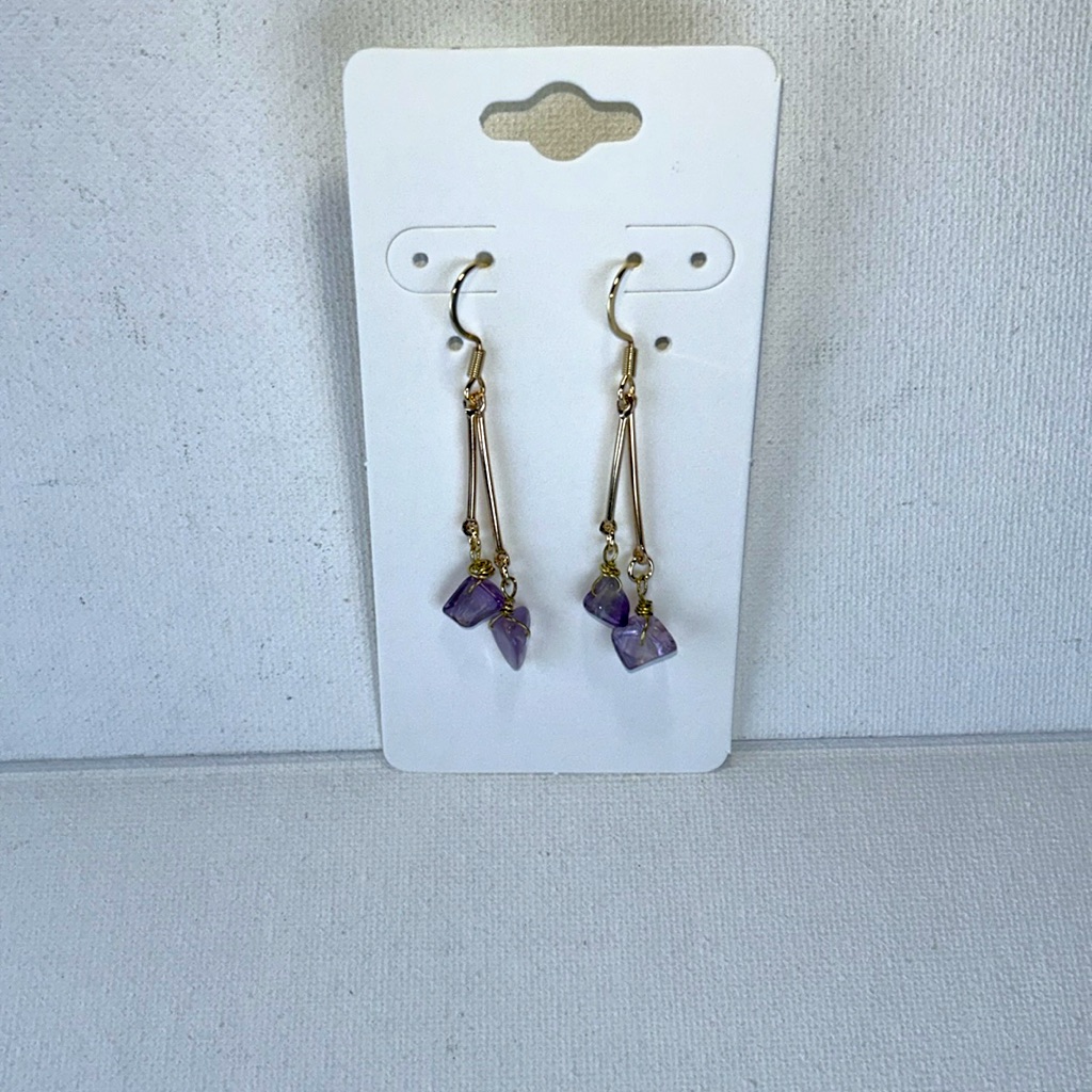 Handmade Genuine Amethyst Gemstone & Golden Bars Dangle Gold Plated Earrings
